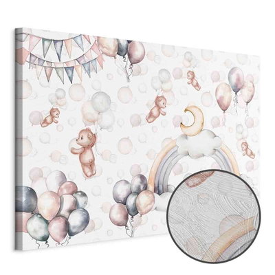 Schuin productaanzicht van Toy bears with balloons -. Het motief loopt door over de randen van het canvas. Een ronde detailopname toont het reliëf van het geloppervlak.