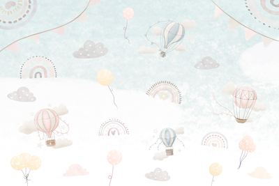 Vooraanzicht van Sky with balloons - balloons. De volledige gedrukte compositie is te zien zonder het schuine productaanzicht of de detailopname van het geloppervlak.