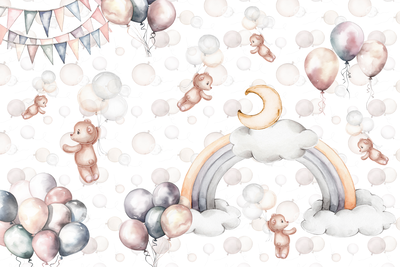 Vooraanzicht van Toy bears with balloons -. De volledige gedrukte compositie is te zien zonder het schuine productaanzicht of de detailopname van het geloppervlak.