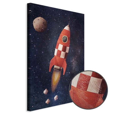 Schuin productaanzicht van Into the unknown by rocket. Het motief loopt door over de randen van het canvas. Een ronde detailopname toont het reliëf van het geloppervlak.