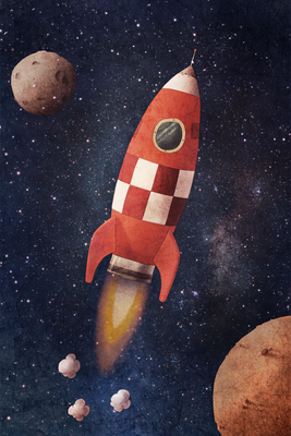 Vooraanzicht van Into the unknown by rocket. De volledige gedrukte compositie is te zien zonder het schuine productaanzicht of de detailopname van het geloppervlak.