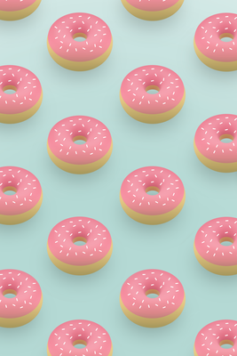 Vooraanzicht van Pastel donuts. De volledige gedrukte compositie is te zien zonder het schuine productaanzicht of de detailopname van het geloppervlak.
