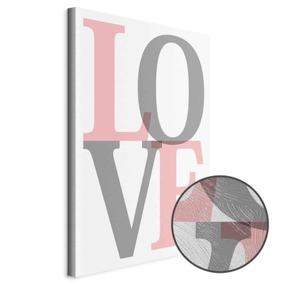 Schuin productaanzicht van Grey love. Het motief loopt door over de randen van het canvas. Een ronde detailopname toont het reliëf van het geloppervlak.