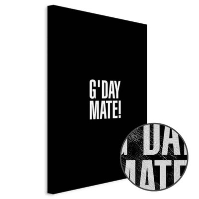 Schuin productaanzicht van G& day mate. Het motief loopt door over de randen van het canvas. Een ronde detailopname toont het reliëf van het geloppervlak.