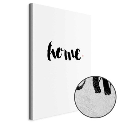 Schuin productaanzicht van Home and dot. Het motief loopt door over de randen van het canvas. Een ronde detailopname toont het reliëf van het geloppervlak.