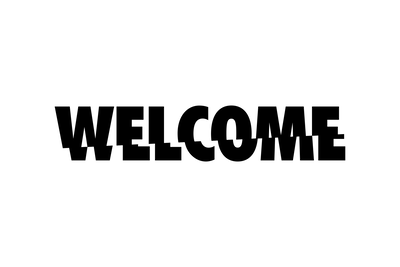 Vooraanzicht van Welcome wide. De volledige gedrukte compositie is te zien zonder het schuine productaanzicht of de detailopname van het geloppervlak.