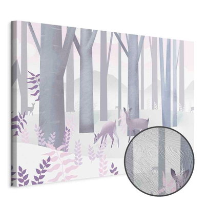 Schuin productaanzicht van Fairy-tale forest - second. Het motief loopt door over de randen van het canvas. Een ronde detailopname toont het reliëf van het geloppervlak.