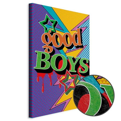Schuin productaanzicht van Good boys. Het motief loopt door over de randen van het canvas. Een ronde detailopname toont het reliëf van het geloppervlak.