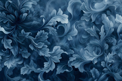 Vooraanzicht van Abstract ornaments dark blue. De volledige gedrukte compositie is te zien zonder het schuine productaanzicht of de detailopname van het geloppervlak.