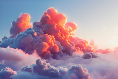 Vooraanzicht van Twilight spectacle clouds in. De volledige gedrukte compositie is te zien zonder het schuine productaanzicht of de detailopname van het geloppervlak.
