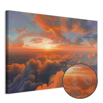 Schuin productaanzicht van When dawn tickles the clouds. Het motief loopt door over de randen van het canvas. Een ronde detailopname toont het reliëf van het geloppervlak.