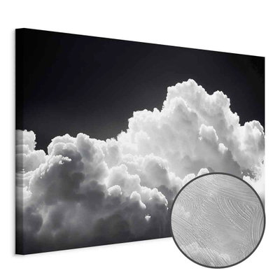 Schuin productaanzicht van Discover the endless play of. Het motief loopt door over de randen van het canvas. Een ronde detailopname toont het reliëf van het geloppervlak.