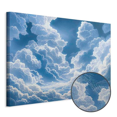 Schuin productaanzicht van Blue sky breaking through. Het motief loopt door over de randen van het canvas. Een ronde detailopname toont het reliëf van het geloppervlak.