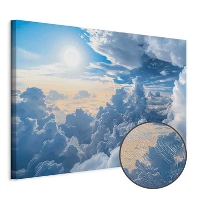 Schuin productaanzicht van Symphony of light sun and. Het motief loopt door over de randen van het canvas. Een ronde detailopname toont het reliëf van het geloppervlak.