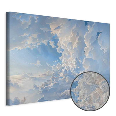 Schuin productaanzicht van The sun revealing the. Het motief loopt door over de randen van het canvas. Een ronde detailopname toont het reliëf van het geloppervlak.