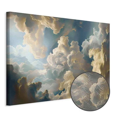 Schuin productaanzicht van Sun and shadows a theatrical. Het motief loopt door over de randen van het canvas. Een ronde detailopname toont het reliëf van het geloppervlak.