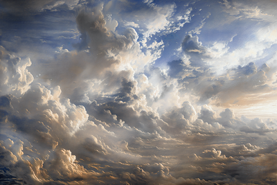 Vooraanzicht van Golden reflections on clouds. De volledige gedrukte compositie is te zien zonder het schuine productaanzicht of de detailopname van het geloppervlak.