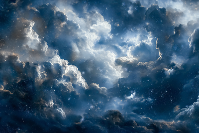 Vooraanzicht van Astronomical wonders clouds. De volledige gedrukte compositie is te zien zonder het schuine productaanzicht of de detailopname van het geloppervlak.