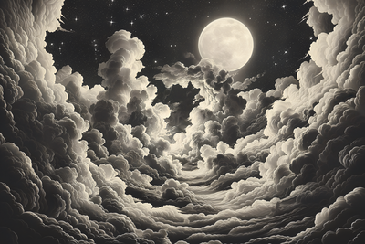 Vooraanzicht van Moon and stars singing among. De volledige gedrukte compositie is te zien zonder het schuine productaanzicht of de detailopname van het geloppervlak.