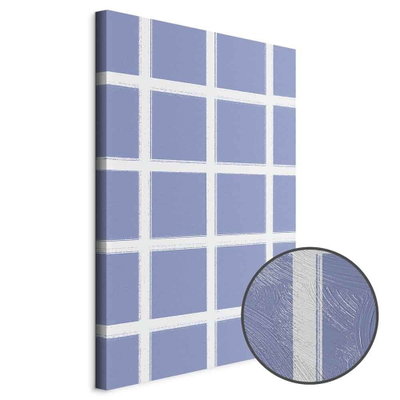Schuin productaanzicht van Lines and symmetry -. Het motief loopt door over de randen van het canvas. Een ronde detailopname toont het reliëf van het geloppervlak.