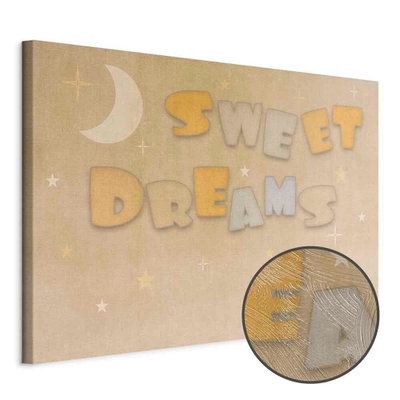 Schuin productaanzicht van Sweet dreams - pastel. Het motief loopt door over de randen van het canvas. Een ronde detailopname toont het reliëf van het geloppervlak.
