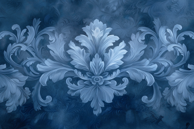 Vooraanzicht van Ornament in blue and cool. De volledige gedrukte compositie is te zien zonder het schuine productaanzicht of de detailopname van het geloppervlak.