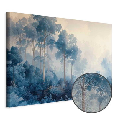 Schuin productaanzicht van Landscape with trees in. Het motief loopt door over de randen van het canvas. Een ronde detailopname toont het reliëf van het geloppervlak.