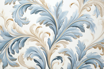 Vooraanzicht van Baroque ornaments in light. De volledige gedrukte compositie is te zien zonder het schuine productaanzicht of de detailopname van het geloppervlak.