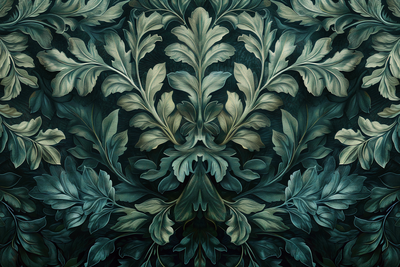 Vooraanzicht van Dark green victorian leaves. De volledige gedrukte compositie is te zien zonder het schuine productaanzicht of de detailopname van het geloppervlak.