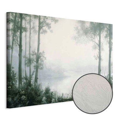 Schuin productaanzicht van Retro landscape grove trees. Het motief loopt door over de randen van het canvas. Een ronde detailopname toont het reliëf van het geloppervlak.