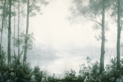 Vooraanzicht van Retro landscape grove trees. De volledige gedrukte compositie is te zien zonder het schuine productaanzicht of de detailopname van het geloppervlak.