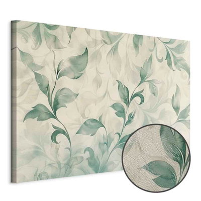 Schuin productaanzicht van Watercolor botanical motif. Het motief loopt door over de randen van het canvas. Een ronde detailopname toont het reliëf van het geloppervlak.