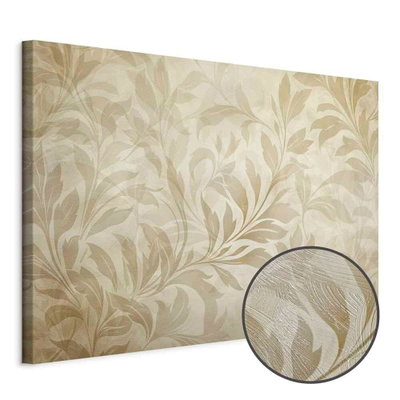 Schuin productaanzicht van Botanical motif with leaves. Het motief loopt door over de randen van het canvas. Een ronde detailopname toont het reliëf van het geloppervlak.