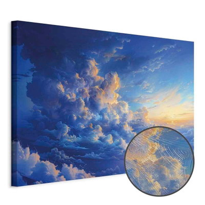 Schuin productaanzicht van When the sky becomes a. Het motief loopt door over de randen van het canvas. Een ronde detailopname toont het reliëf van het geloppervlak.