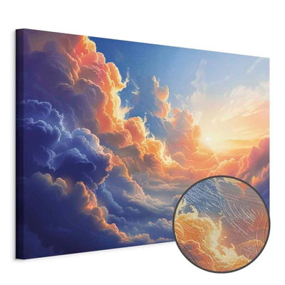 Schuin productaanzicht van Sunset over a cloudy sea a. Het motief loopt door over de randen van het canvas. Een ronde detailopname toont het reliëf van het geloppervlak.