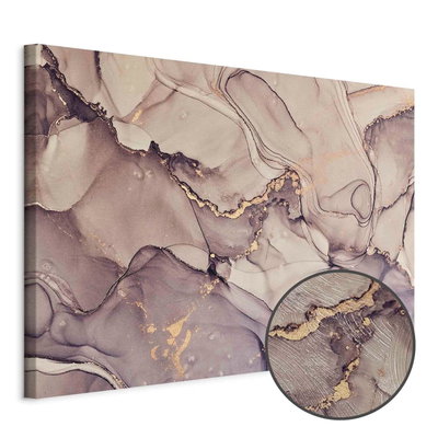 Schuin productaanzicht van Watercolour abstraction -. Het motief loopt door over de randen van het canvas. Een ronde detailopname toont het reliëf van het geloppervlak.
