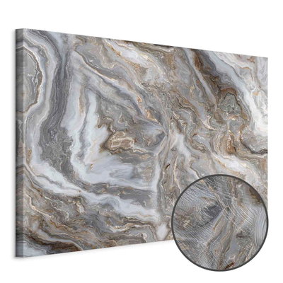 Schuin productaanzicht van Stone abstractions marble. Het motief loopt door over de randen van het canvas. Een ronde detailopname toont het reliëf van het geloppervlak.