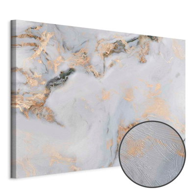 Schuin productaanzicht van White stone elegant marble. Het motief loopt door over de randen van het canvas. Een ronde detailopname toont het reliëf van het geloppervlak.