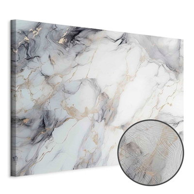 Schuin productaanzicht van Elegant marble stone. Het motief loopt door over de randen van het canvas. Een ronde detailopname toont het reliëf van het geloppervlak.