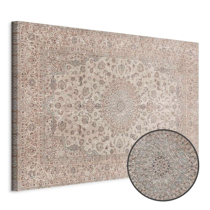 Produktvy av Sand carpet - worn persian. En rund detaljförstoring visar den strukturerade gelytan.