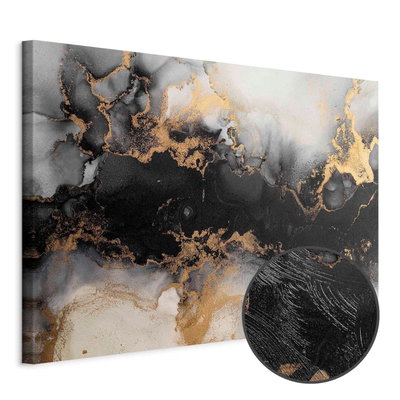 Schuin productaanzicht van Golden explosions abstract. Het motief loopt door over de randen van het canvas. Een ronde detailopname toont het reliëf van het geloppervlak.