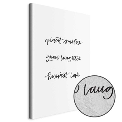 Schuin productaanzicht van Joy and love. Het motief loopt door over de randen van het canvas. Een ronde detailopname toont het reliëf van het geloppervlak.