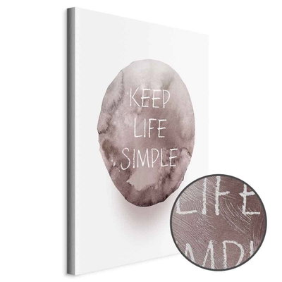 Schuin productaanzicht van Keep life simple. Het motief loopt door over de randen van het canvas. Een ronde detailopname toont het reliëf van het geloppervlak.