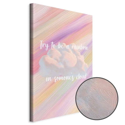 Schuin productaanzicht van Try to be a rainbow. Het motief loopt door over de randen van het canvas. Een ronde detailopname toont het reliëf van het geloppervlak.