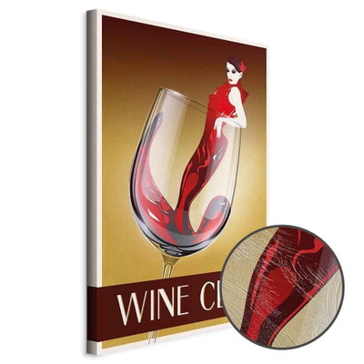 Schuin productaanzicht van Wine club. Het motief loopt door over de randen van het canvas. Een ronde detailopname toont het reliëf van het geloppervlak.