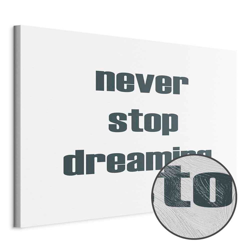Produktvy av Never stop dreaming wide. En rund detaljförstoring visar den strukturerade gelytan.