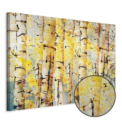 Schuin productaanzicht van Summer colors of the forest. Het motief loopt door over de randen van het canvas. Een ronde detailopname toont het reliëf van het geloppervlak.