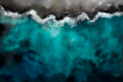 Vooraanzicht van Blue lagoon wide. De volledige gedrukte compositie is te zien zonder het schuine productaanzicht of de detailopname van het geloppervlak.