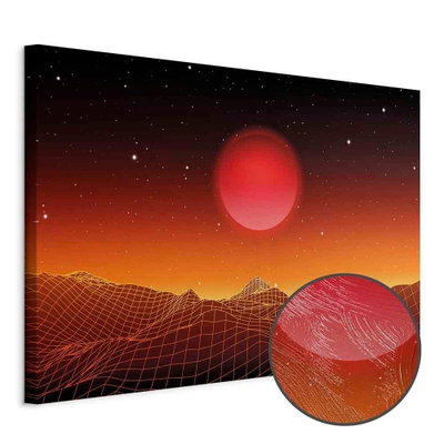 Schuin productaanzicht van Futuristic landscape wide. Het motief loopt door over de randen van het canvas. Een ronde detailopname toont het reliëf van het geloppervlak.