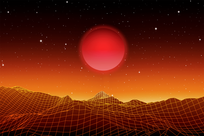 Vooraanzicht van Futuristic landscape wide. De volledige gedrukte compositie is te zien zonder het schuine productaanzicht of de detailopname van het geloppervlak.